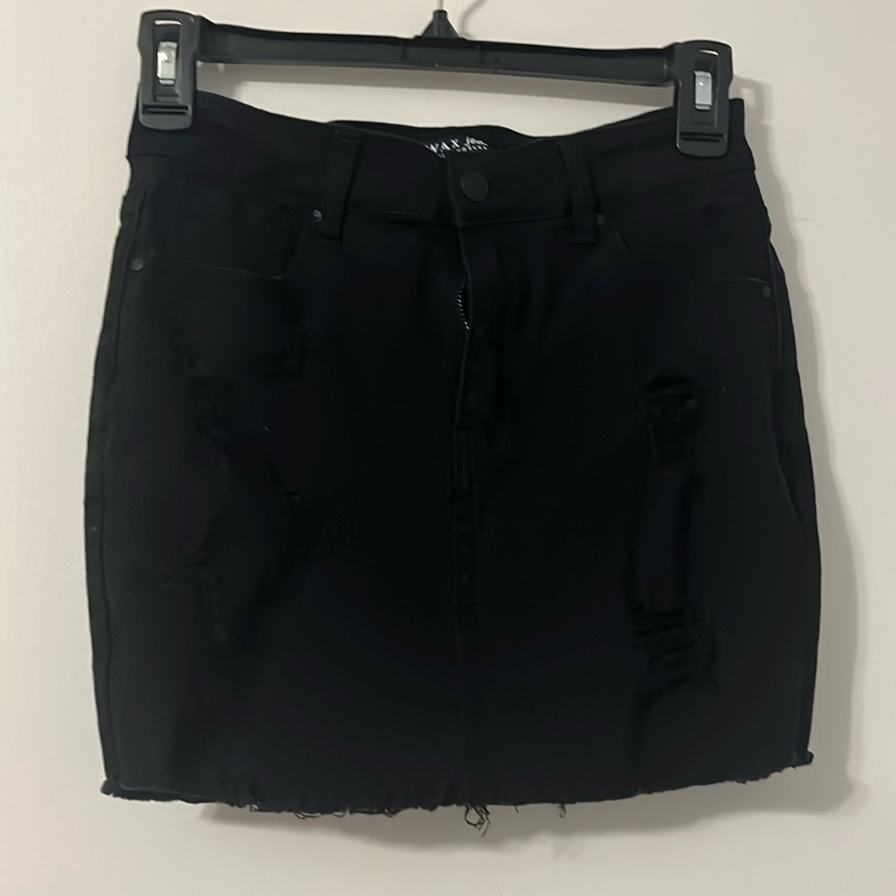 Wax Jean Mini Skirt Black Denim size S Distressed Stretchy Raw Hem Festival